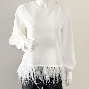 Elie Tahari White Long Sleeve Blouse w Ostrich Feather Trim at Hem Holiday Party